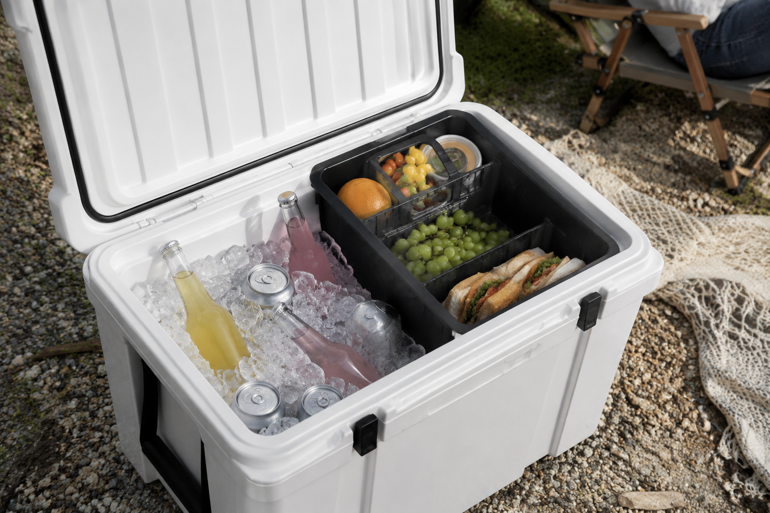 Cooler Divider & Tray in an outdoor setting