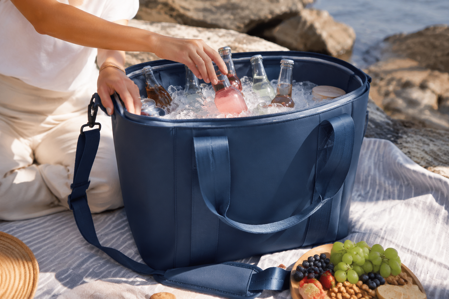 Insulated Tote with Strap in an outdoor setting